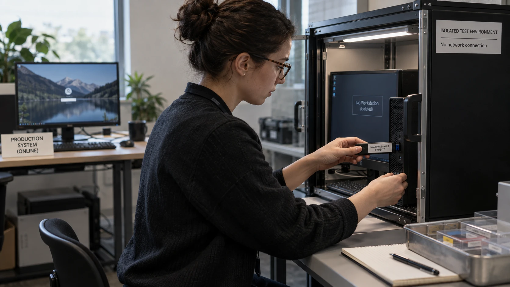 AI-generert illustrasjon: Skadevareprøve håndteres ved en isolert testmaskin.