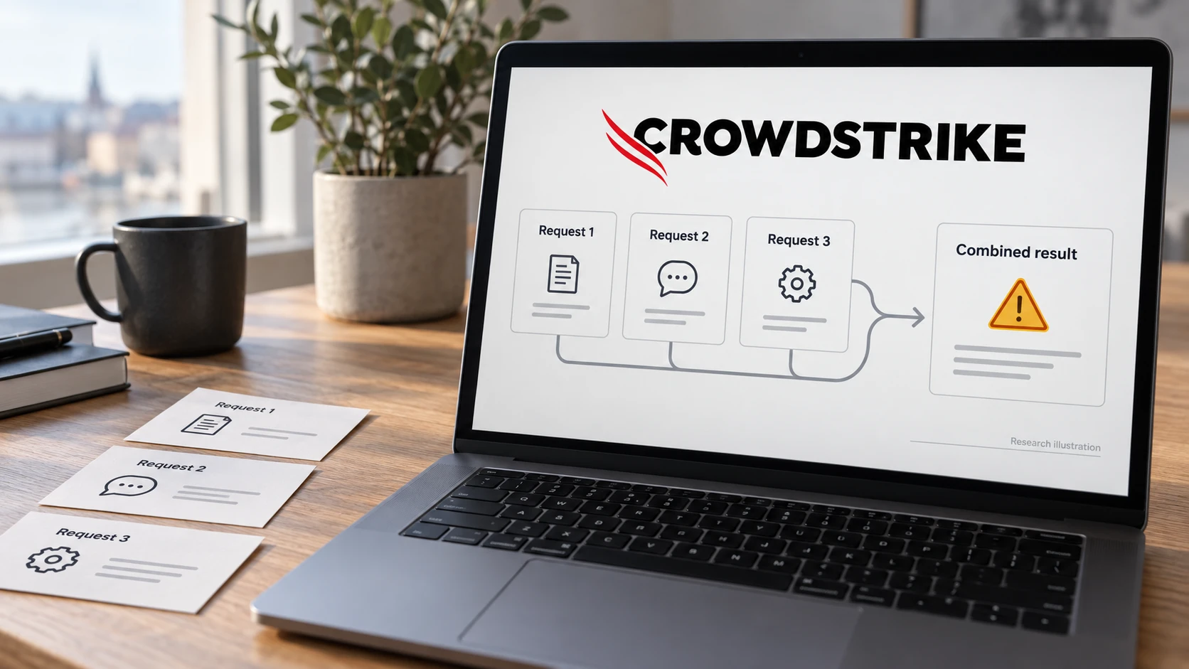 KI-generert illustrasjon av en bærbar PC med CrowdStrike-logo og et diagram som kobler tre separate forespørsler til et samlet resultat.