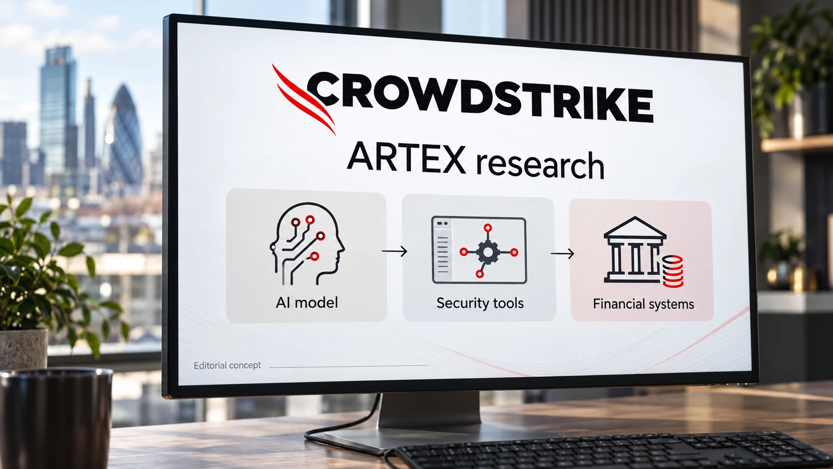 KI-generert illustrasjon av en kontorskjerm med CrowdStrike-logo og en figur som kobler en KI-modell til sikkerhetsverktøy og finanssystemer.