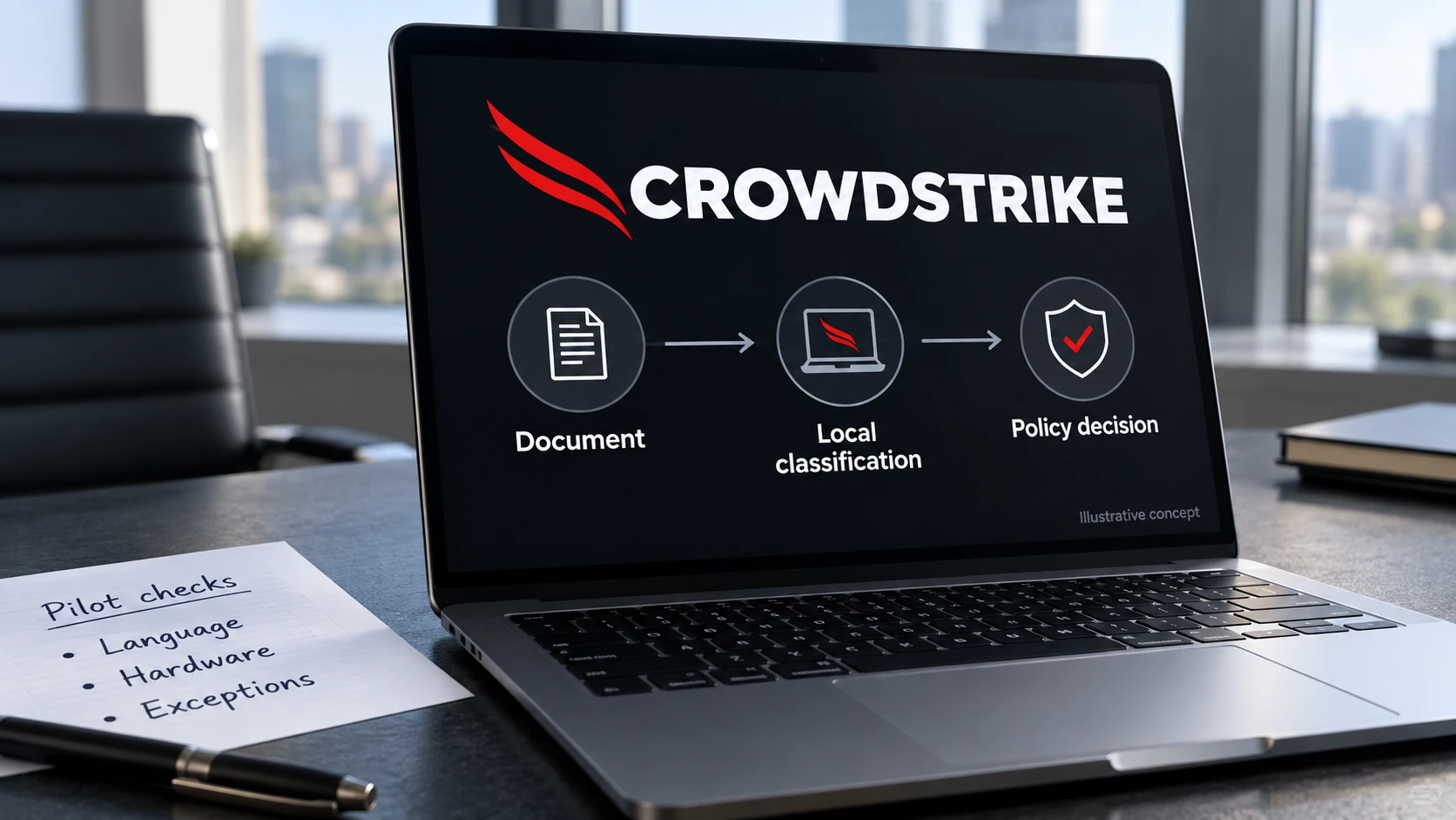 AI-generert illustrasjon: CrowdStrike-konsept for lokal dokumentklassifisering og en policybeslutning ved siden av en pilotsjekkliste.