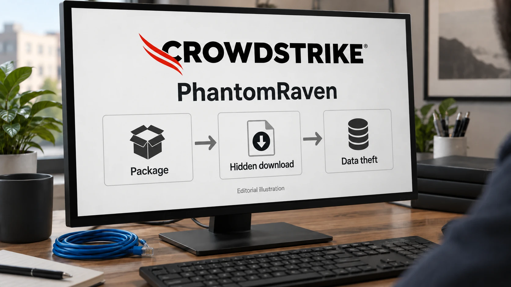 AI-generert illustrasjon: Skjerm med CrowdStrike-logo og et konseptdiagram over en pakke, skjult nedlasting og datatyveri.