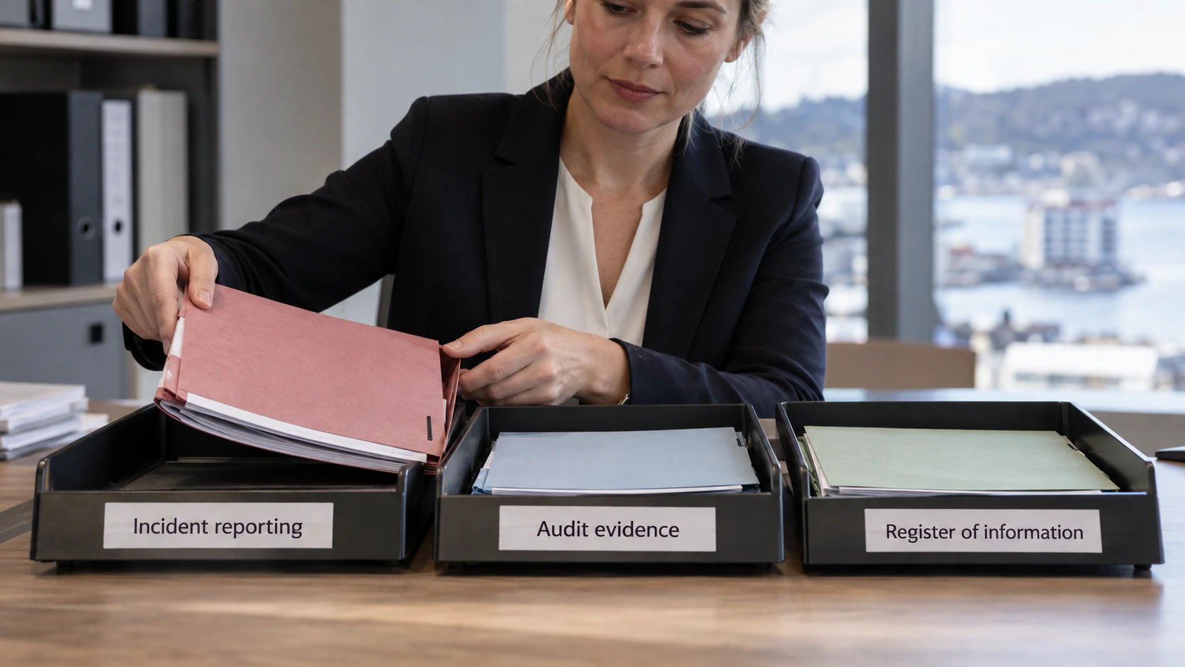 AI-generert illustrasjon: Separate brett for hendelsesrapportering, revisjonsbevis og informasjonsregister.