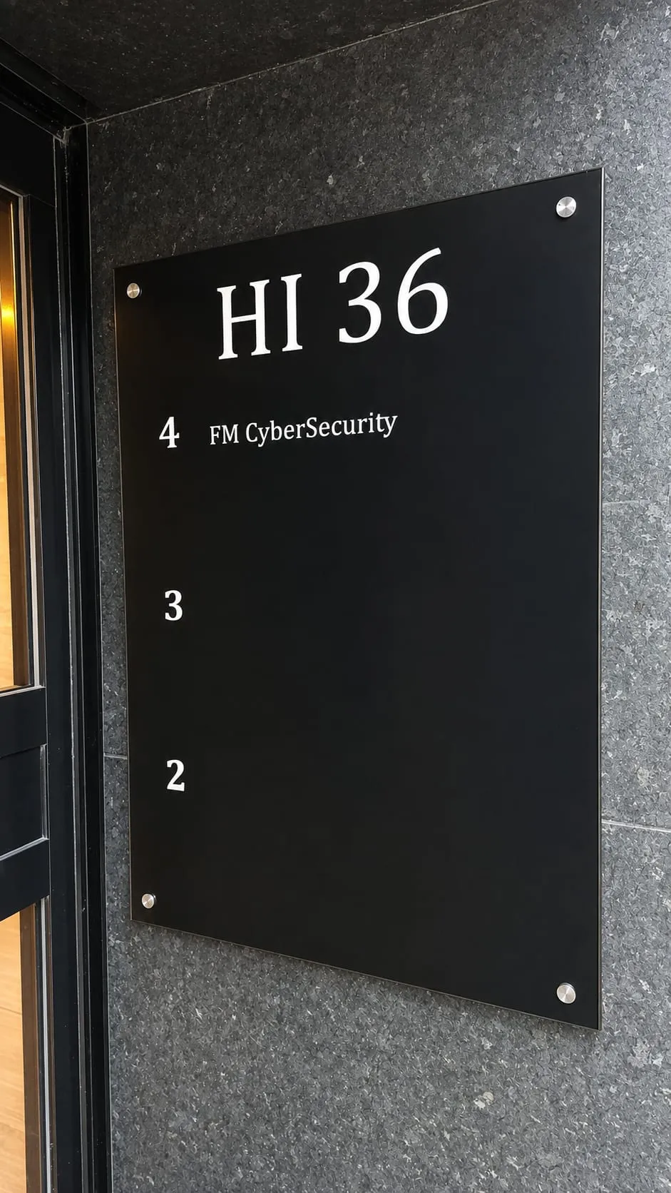 Skiltet ved inngangen i Henrik Ibsens gate 36, FM CyberSecurity i fjerde etasje