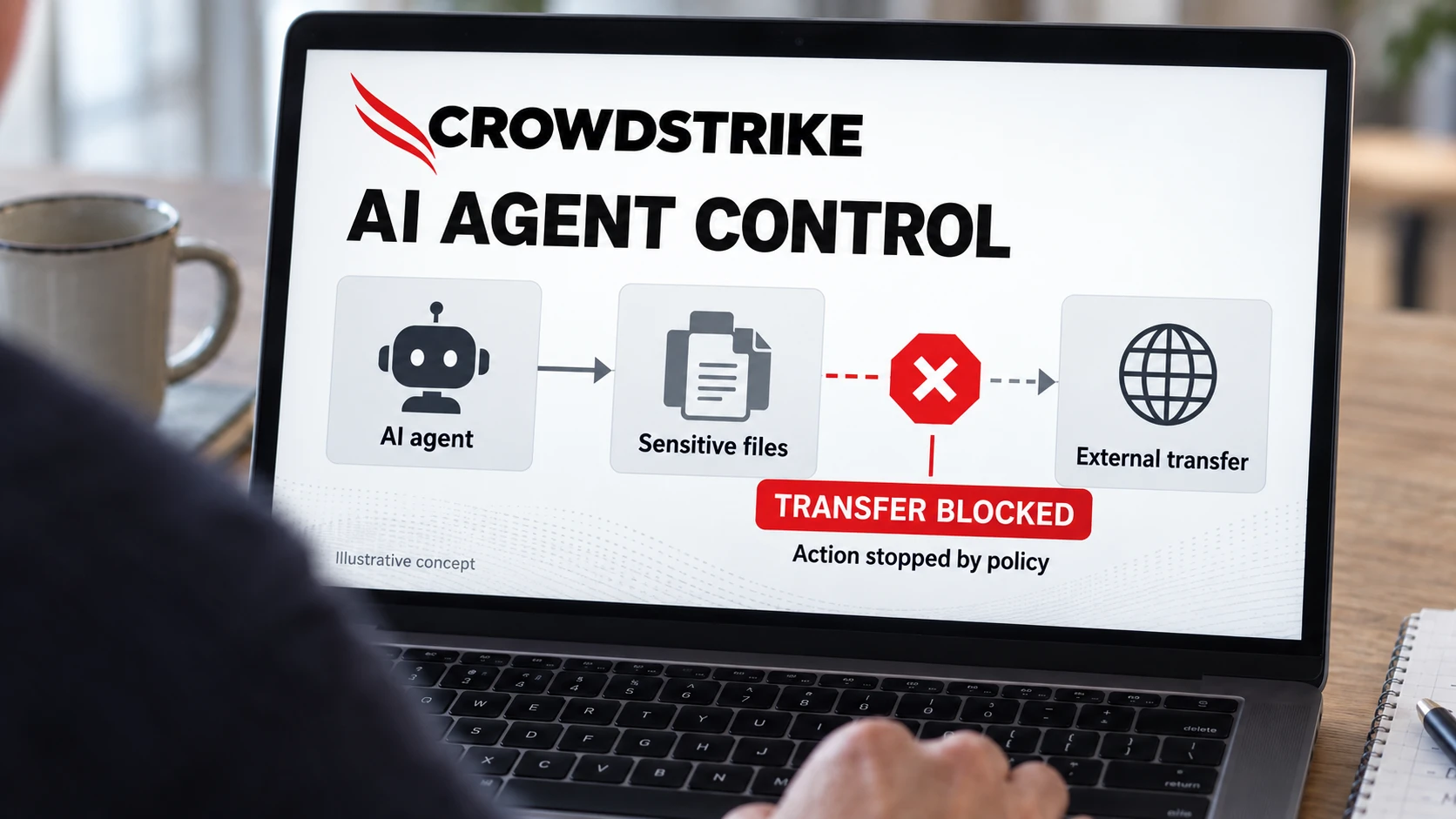 AI-generert illustrasjon: CrowdStrike-konsept viser at en AI-agents eksterne filoverføring stoppes.