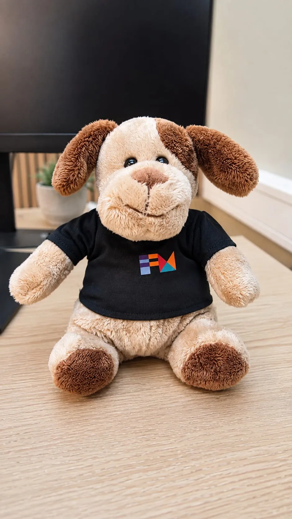 Kosedyrhund med FM CyberSecurity-logoen på t-skjorten, på en pult på kontoret