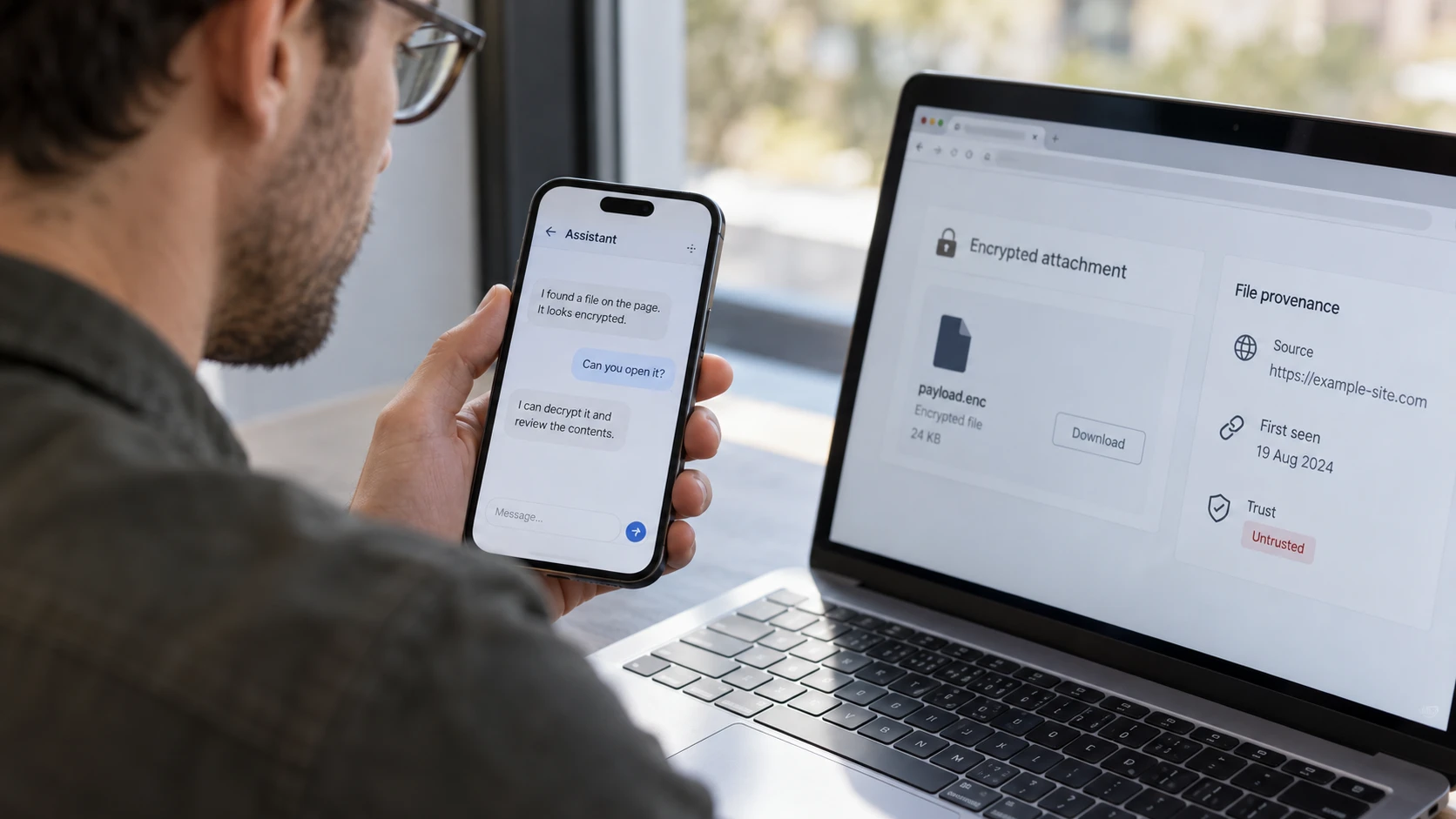 AI-generert illustrasjon: Assistentsamtale ved siden av en vurdering av et kryptert vedlegg.