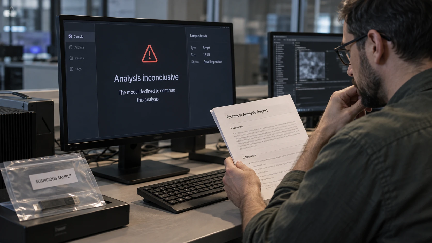AI-generert illustrasjon: Skadevareanalytiker følger opp et uavklart analyseresultat manuelt.