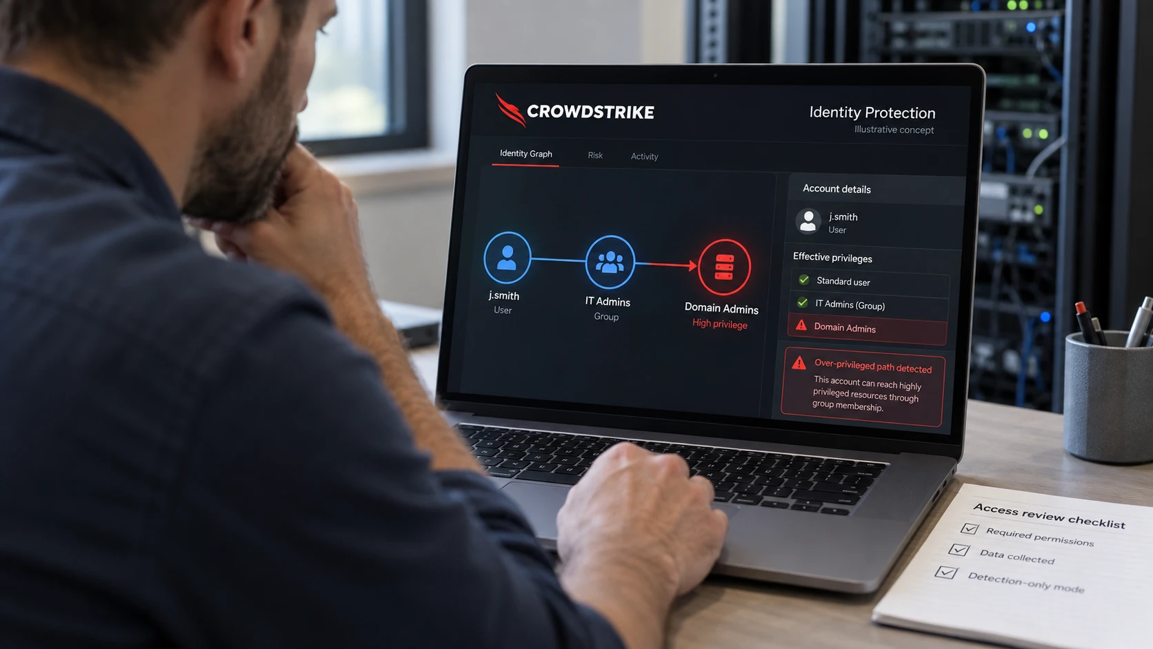 AI-generert illustrasjon: CrowdStrike-konsept for identitetsgjennomgang viser privilegerte tilgangsveier.