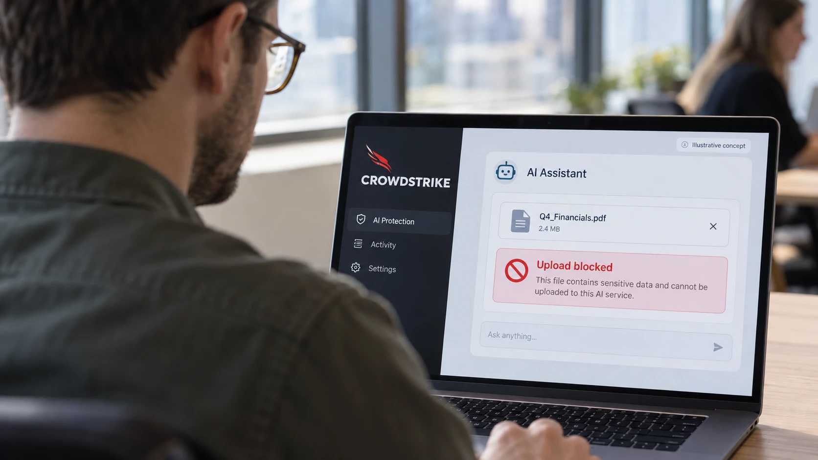 AI-generert illustrasjon: CrowdStrike-konsept stopper opplasting av et sensitivt dokument til en AI-chat.