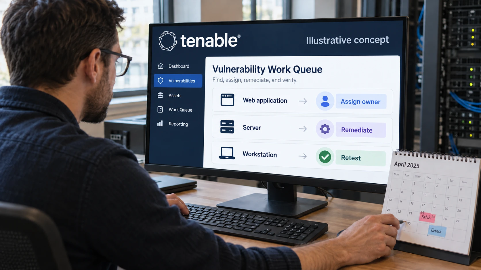 AI-generert illustrasjon: Tenable-konsept knytter utbedringsoppgaver til eiere og ny testing.