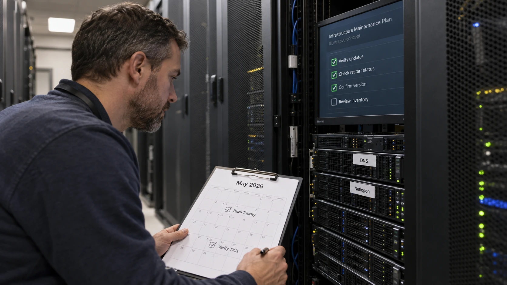 AI-generert illustrasjon: Administrator kontrollerer en vedlikeholdsplan for DNS og Netlogon.