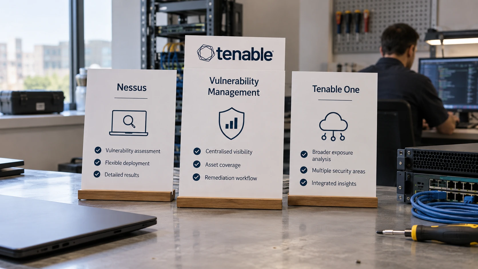 AI-generert illustrasjon: Tenable-skisser sammenligner Nessus, sårbarhetsstyring og eksponering.