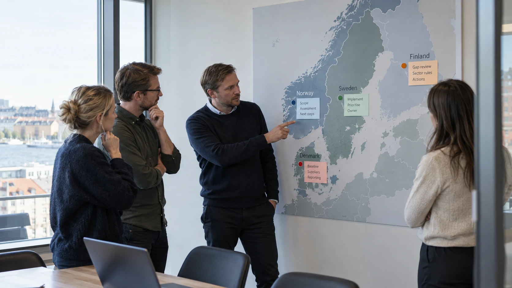 AI-generert illustrasjon: Driftsteam vurderer egne tiltaksplaner for nordiske land.
