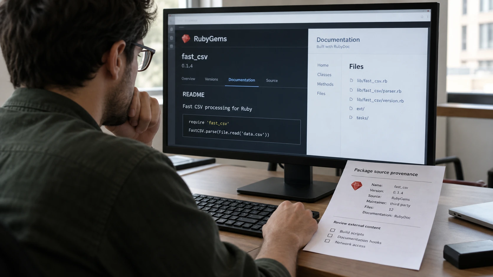 AI-generert illustrasjon: Vedlikeholder vurderer en Ruby-avhengighet og kildens opphav.