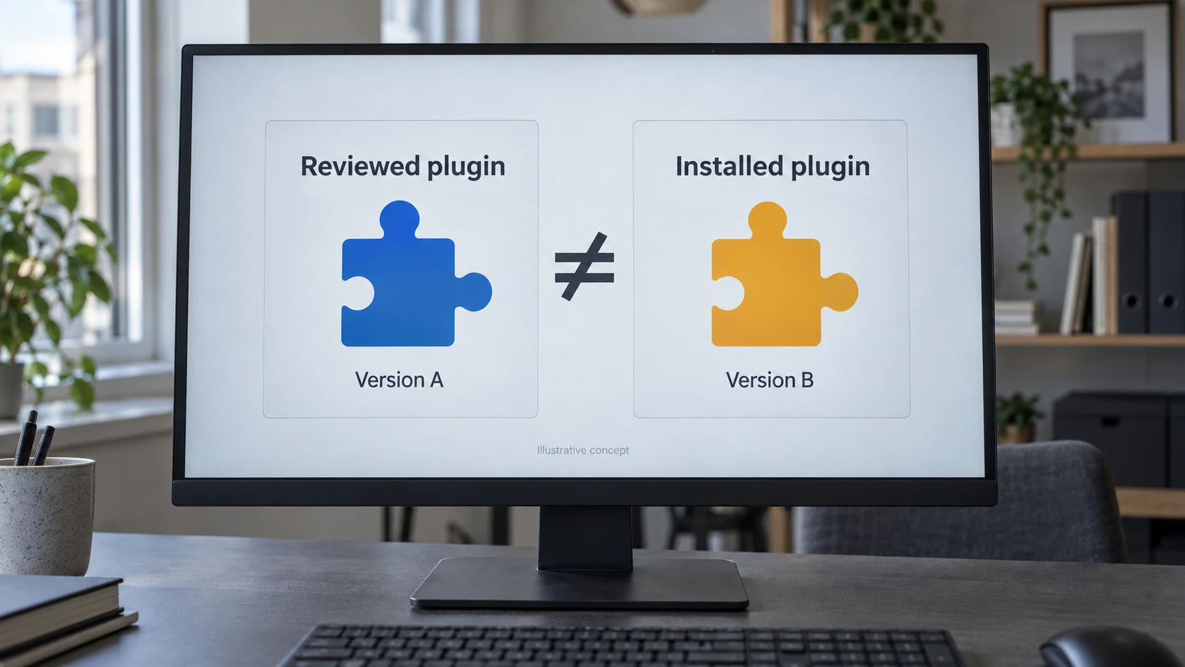 Generert illustrasjon: En skjerm sammenligner godkjent plugin-versjon A med installert versjon B.