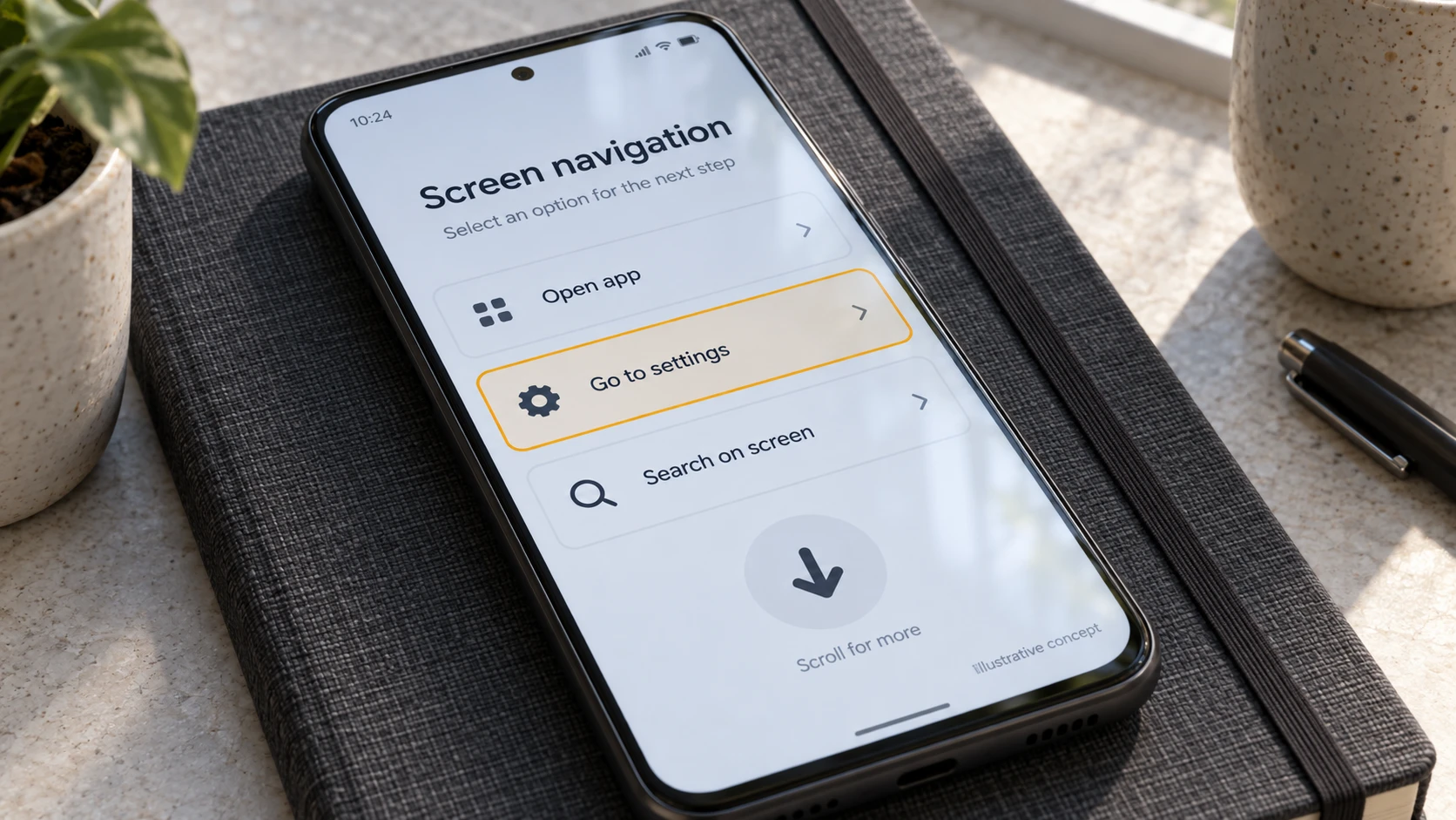 Generert illustrasjon: En telefon viser en konseptmeny med et markert valg og en pil for å bla.