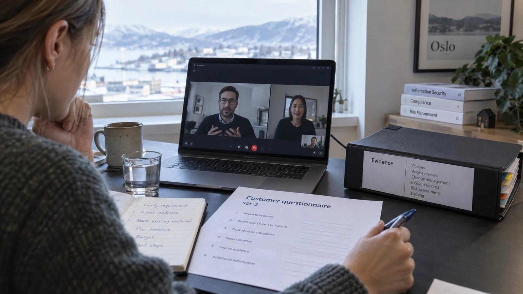 AI-generert illustrasjon: Kundeskjema og sikkerhetsdokumentasjon under et digitalt salgsmøte.