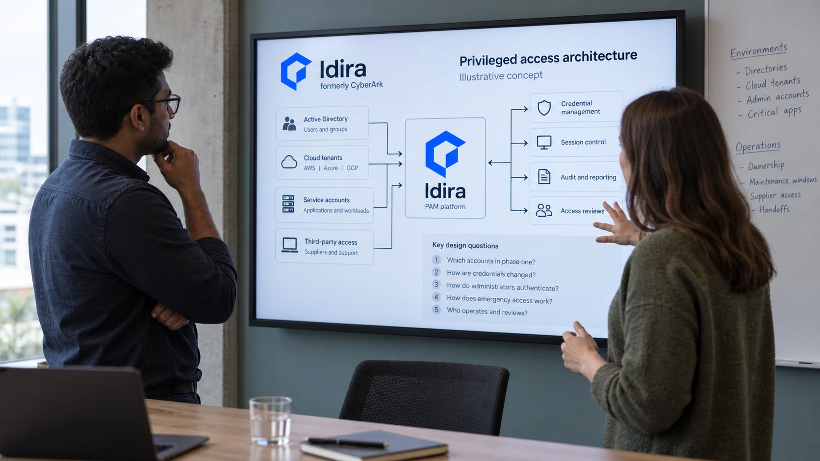 AI-generert illustrasjon: Ingeniører diskuterer privilegert tilgang med Idira-referansemateriale.
