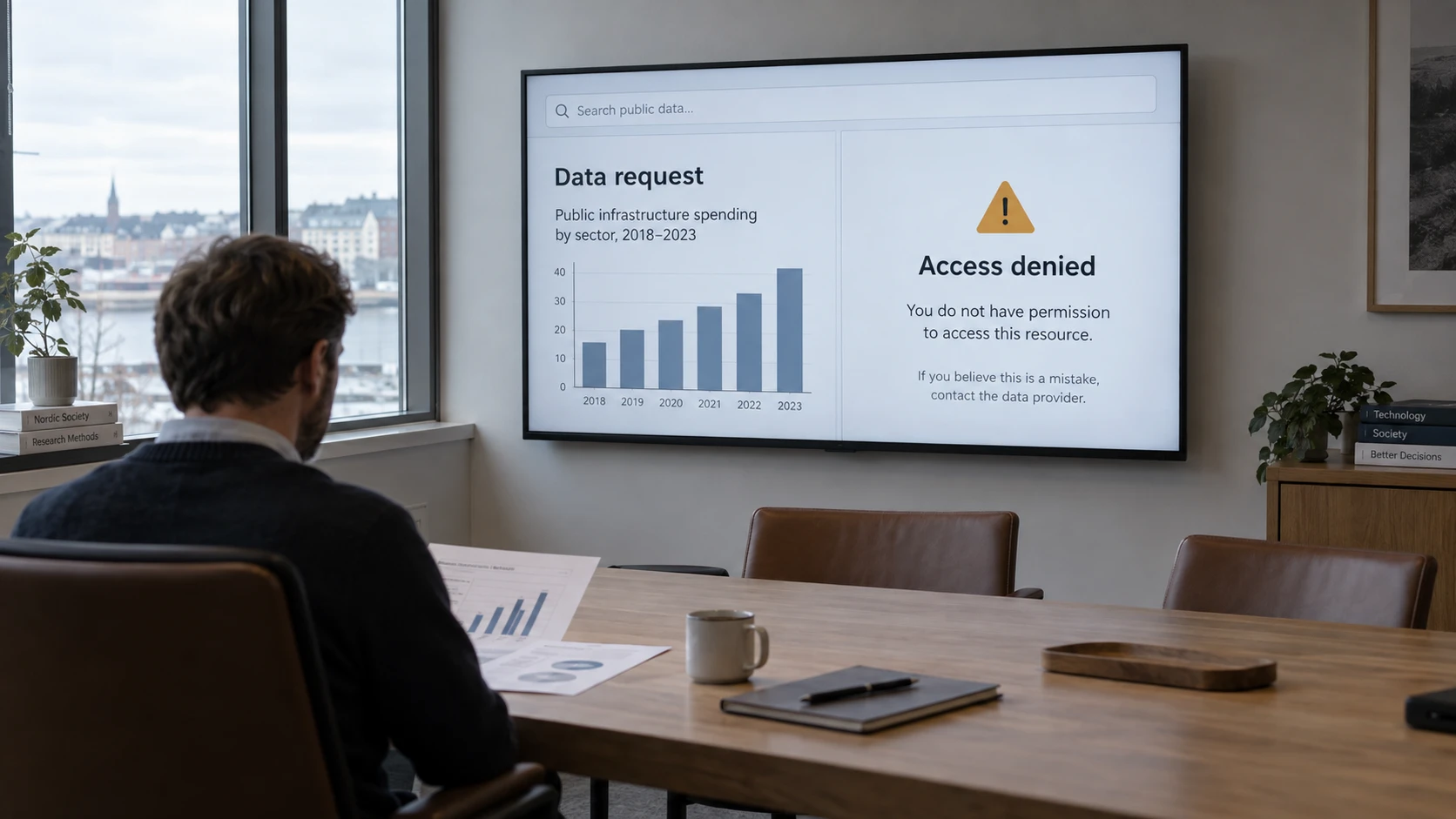 KI-generert illustrasjon: En analytiker ser på et diagram under en veggskjerm som viser et datasøk og avvist tilgang.