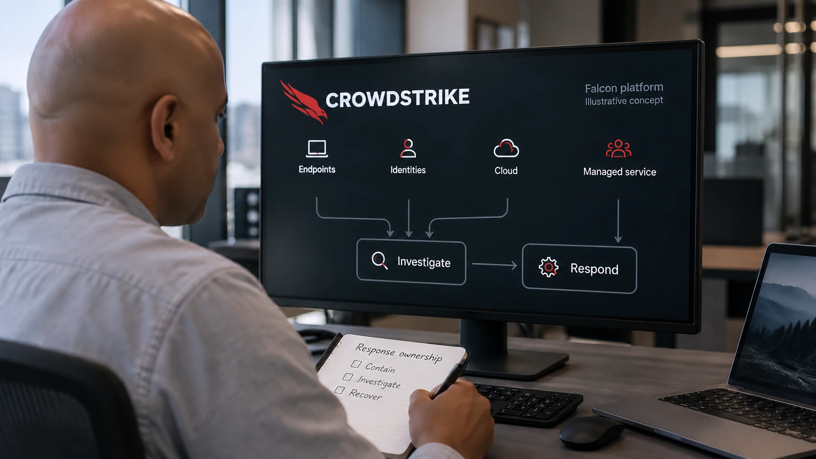 AI-generert illustrasjon: CrowdStrike Falcon-konsept knytter endepunkter til undersøkelse og respons.