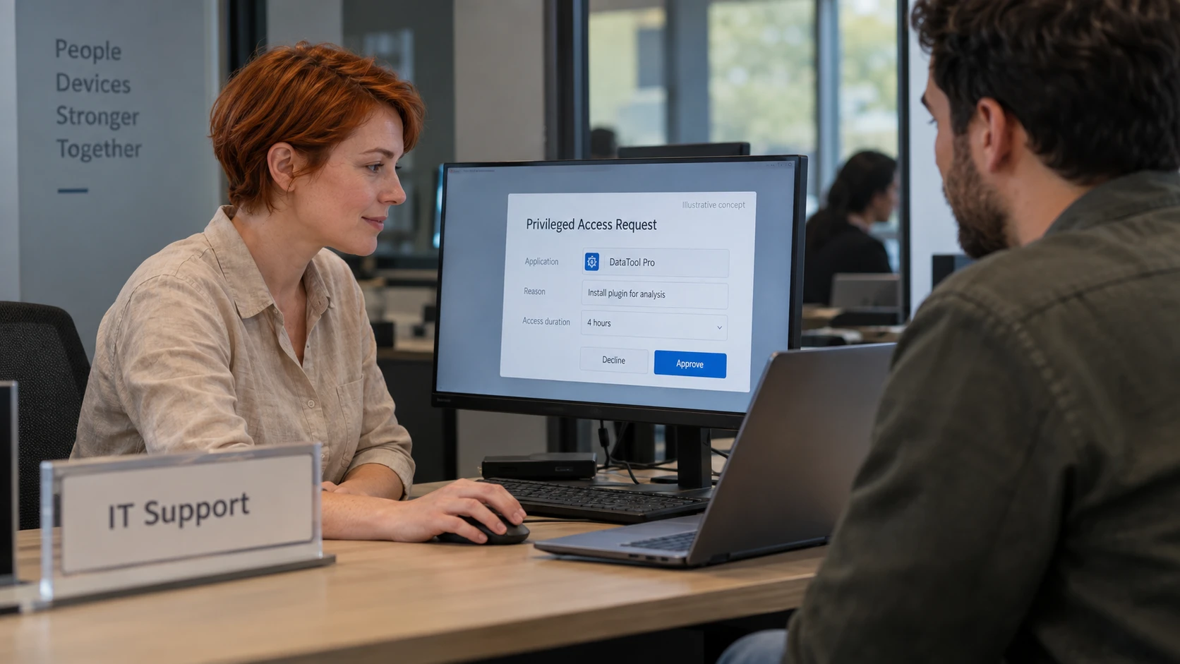 AI-generert illustrasjon: Supporttekniker godkjenner midlertidig rettighetsheving for en applikasjon.