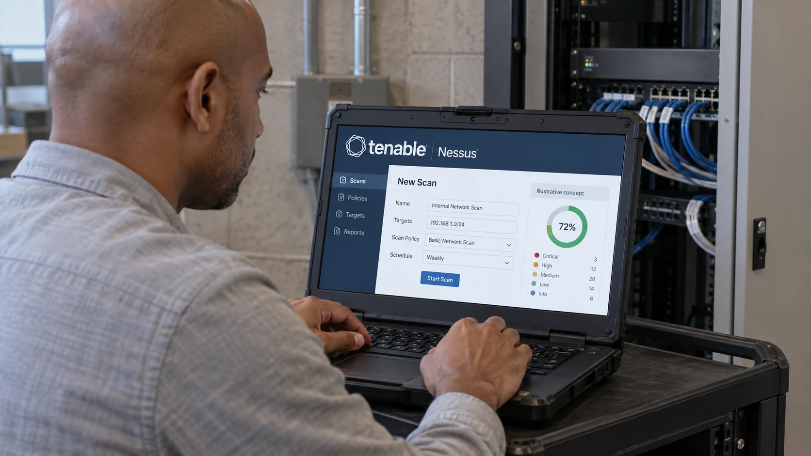 AI-generert illustrasjon: Tenable Nessus-konsept for skanning ved siden av et nettverksskap.