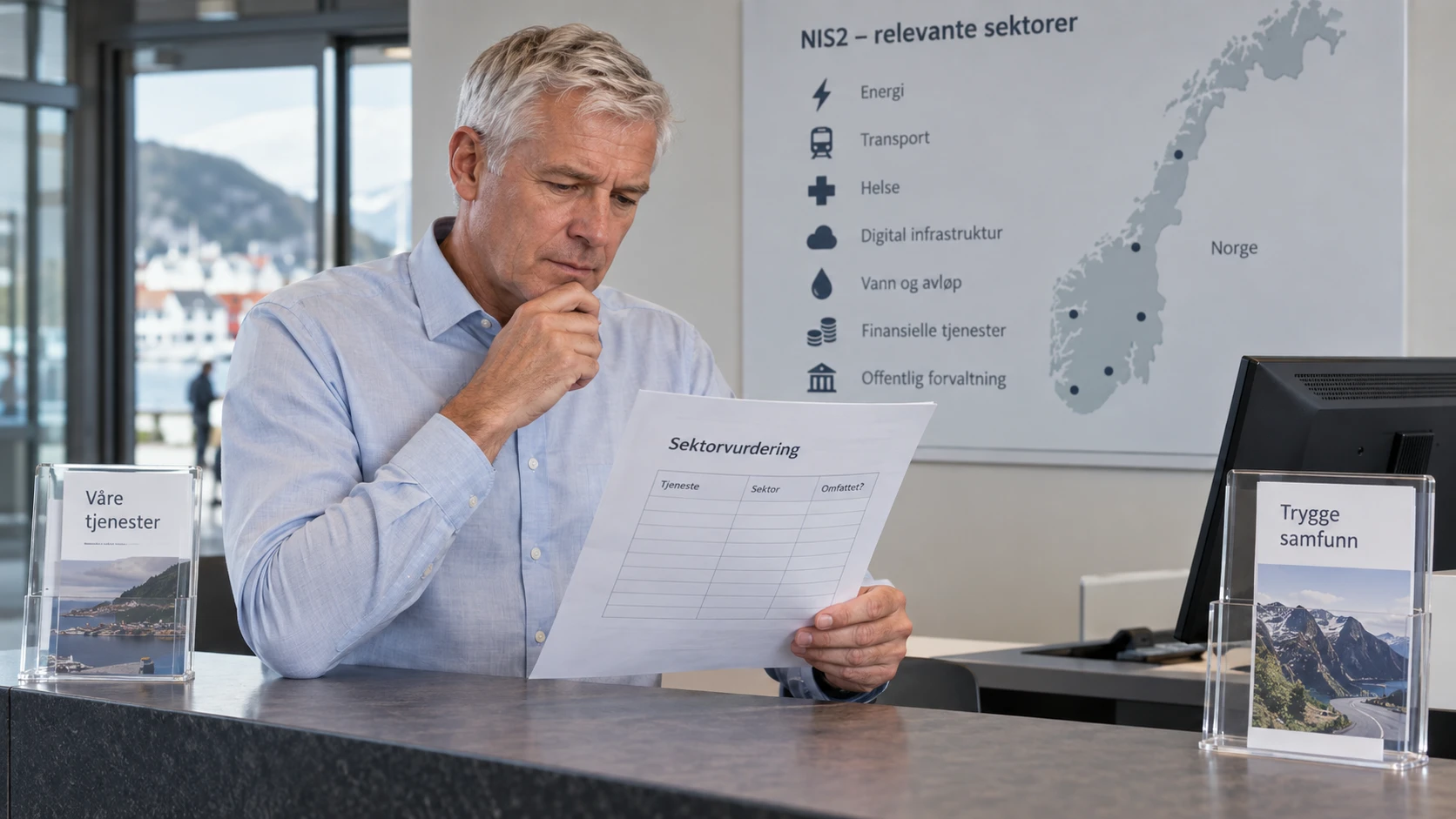 AI-generert illustrasjon: Leder vurderer tjeneste- og sektoromfang for sikkerhetsplikter.