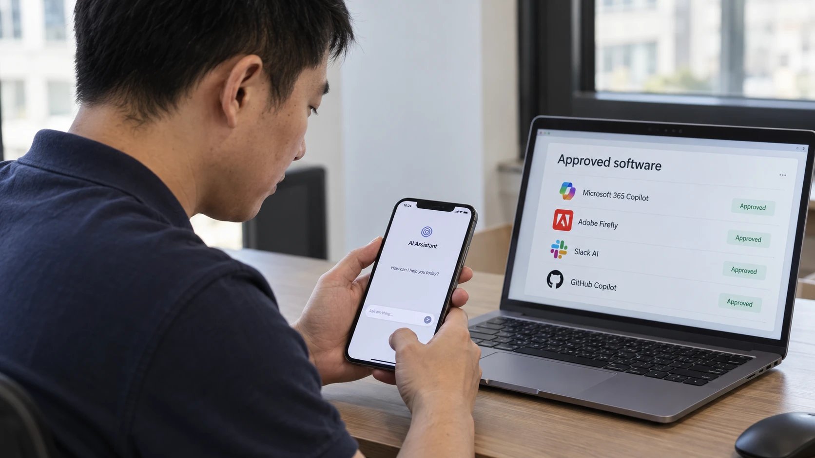 AI-generert illustrasjon: Personlig AI-assistent på mobil ved siden av en liste over godkjente jobbapplikasjoner.