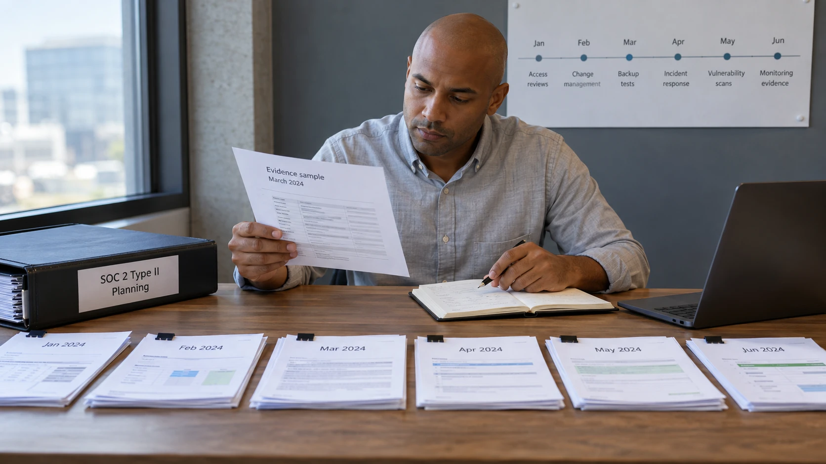 AI-generert illustrasjon: Daterte dokumentasjonsutvalg fordelt langs en tidslinje for SOC 2 Type II.