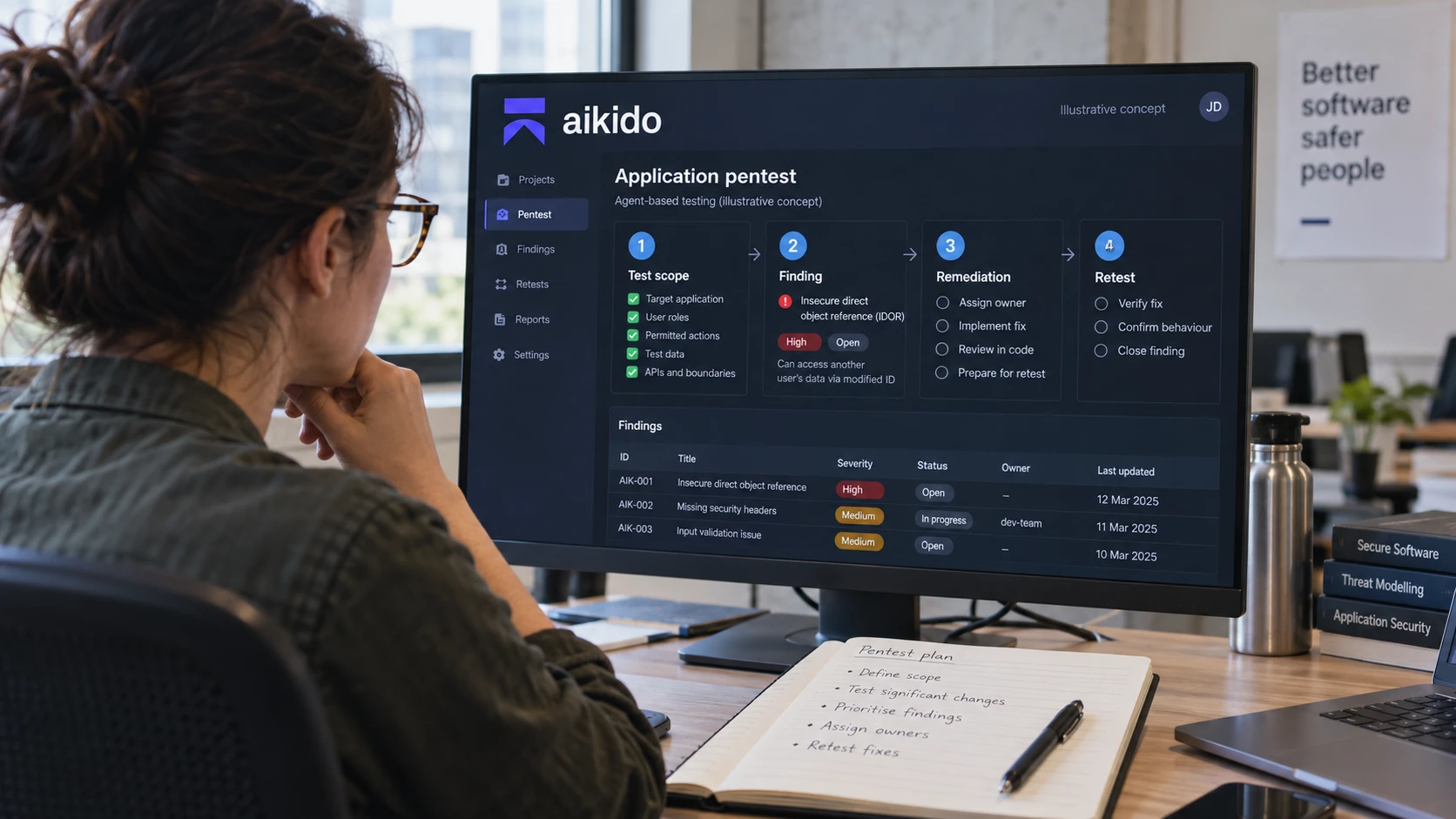 AI-generert illustrasjon: Aikido-konsept knytter testomfang til funn, utbedring og ny testing.
