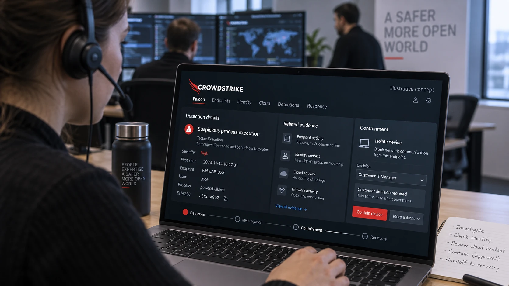 AI-generert illustrasjon: CrowdStrike-konsept knytter deteksjonsbevis til inneslutning.