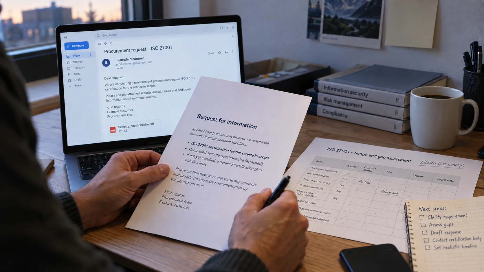 AI-generert illustrasjon: Gründer vurderer et ISO 27001-krav fra en kunde og innledende omfang.
